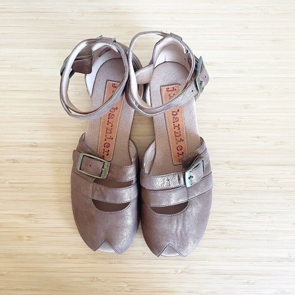 Jim Barnier Womens Size 9 Leather Sandals Peep Toe Ankle Wrap Brown Gold Shimmer - Picture 8 of 13